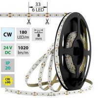 LED pásek SMD2216 CW, 180LED/m, 12W/m, 1020lm/m, IP20, DC 24V, 8mm, 5m