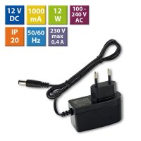 Napájecí adaptér 12W, DC12V/1A, IP20, černý plast, s vidlicí