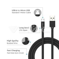 1M Micro USB 2.4A Cotton fabric cable, Ruby series, black color, VT-5342