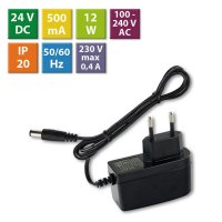 Napájecí adaptér 12W, DC24V/0,5A, IP20, černý plast, s vidlicí