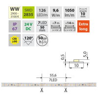 LED pásek SMD2835 WW 126LED/m 9,6W/m DC 24V 1050lm/m CRI90 IP67 105°C 10mm 5m