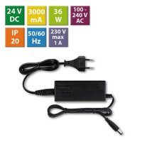 Napájecí adaptér 36W, DC24V/1,5A, IP20, černý plast, s vidlicí
