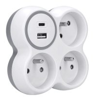 Rozbočka, 3x 15A, USB nabíječka A+C, bílá-šedá, vypínač SOLIGHT P106USBC