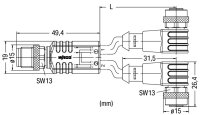 Kabel pro senzor/akční člen, 2x zásuvka M12, úhlová, Zástrčka M12A, přímá 4pól.