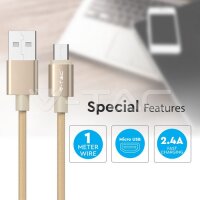 1M Micro USB Cable 2.4A Braided cable, Platinum series, gold color, VT-5332