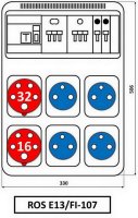 Zásuvková rozvodnice 1x3253+1x1653+4x230V, jištěná, s chráničem, IP44