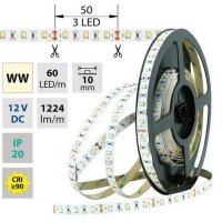 LED pásek SMD2835 WW, 60LED/m, 14,4W/m, 1224lm/m, IP20, DC 12V, 10mm, 5m