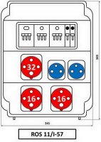 Zásuvková rozvodnice 1x3243+2x1643+2x230V, jištěná, IP54 ROS 11/I-57