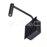 3W LED Bedside Light Switch & USB Port Black 3000K , VT-2943 V-TAC SKU1487