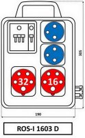 Zásuvková rozvodnice 1x3253+1x1653+2x230V s držákem, jištěná, IP44 ROS-I 1603 D