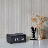 Hodiny s budíkem bílé LED podsvícení tři budíky, teploměr černé dřevo CA01B