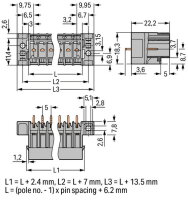 Konektor s pájecími piny THT, pájecí kontakt 1,0x1,0 mm, rovné, šedá 2pól.