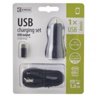 USB adaptér do auta 2,1A + micro USB kabel + USB-C redukce EMOS V0219