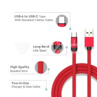 1M USB TYPE C 2.4A Cotton fabric cable, Ruby series, red color, VT-5341