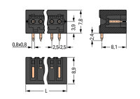 Konektor s pájecími piny THR, pájecí kontakt 0,8x0,8 mm, úhlové, černá 3pól.