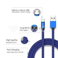 1M Micro USB 2.4A Cotton fabric cable, Ruby series, blue color, VT-5342