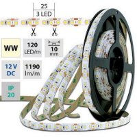 LED pásek SMD2835 WW, 120LED/m, 14W/m, 1190lm/m, IP20, DC 12V, 10mm, 5m