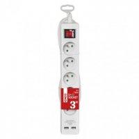 Prodlužovací kabel 3 m 5 zásuvek s vypínačem bílý PVC s USB 1,5mm2 EMOS P1513RU