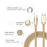 1M USB TYPE C 2.4A Cotton fabric cable, Ruby series, gold color, VT-5341