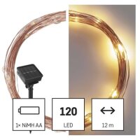 LED nano řetěz se solárním panelem, měděný, 12 m, venkovní, teplá bílá, časovač