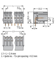 Konektor s pájecími piny THT, pájecí kontakt 1,0x1,0 mm, úhlové, šedá 2pól.
