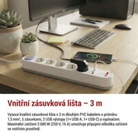 Prodlužovací kabel 3m, 5 zásuvek, vypínač, bílá, 1×USB-A/C, 1,5mm2, EMOS P1523FC