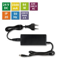 Napájecí adaptér 84W, DC24V/3,5A, IP20, černý plast, s vidlicí