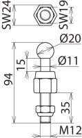 Kulový bod D 20 mm rovný se závitem a matkou M12x35 mm DEHN 754235