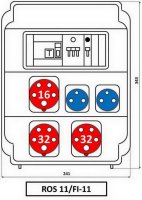 Zásuvková rozvodnice 2x3253+1x1653+2x230V, jištěná, s chráničem, IP54