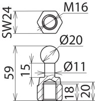 Kulový bod D 20 mm rovný s vnitřním závitem M16 DEHN 754600