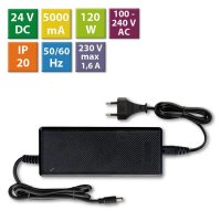 Napájecí adaptér 120W, DC24V/5A, IP20, černý plast, s vidlicí