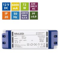 Napájecí zdroj 72W, DC12V/6A, IP20, plastové provedení se svorkovnicí