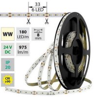 LED pásek SMD2216 WW, 180LED/m, 12W/m, 975lm/m, IP20, DC 24V, 8mm, 5m
