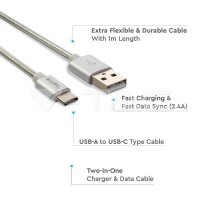 1M USB Type C 2.4A Braided cable, Platinum series, silver color, VT-5331