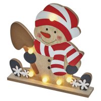 LED vánoční sněhulák dřevěný, 25cm, 2xAA, teplá bílá, časovač