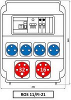 Zásuvková rozvodnice 1x3253+1x1653+4x230V, jištěná, s chráničem, IP54