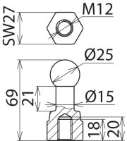 Kulový bod D 25 mm rovný s vnitřním závitem M12 DEHN 755200