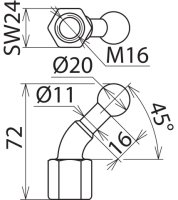 Kulový bod D 20 mm s ohybem 45° s vnitřním závitem M16 DEHN 706600