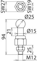 Kulový bod D 25 mm rovný se závitem a matkou M12x25 mm DEHN 755225