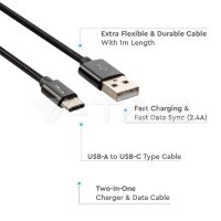 1M USB Type C 2.4A Braided cable, Platinum series, black color, VT-5331