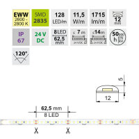 LED pásek SMD2835 EWW 128LED/m 11,5W/m DC 24V 1715lm/m CRI90 IP67 12mm 50m