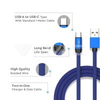 1M USB TYPE C 2.4A Cotton fabric cable, Ruby series, blue color, VT-5341