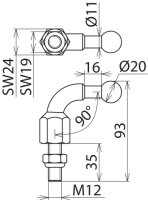 Kulový bod D 20 mm s ohybem 90° se závitem a matkou M12x35 mm DEHN 707235