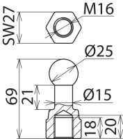 Kulový bod D 25 mm rovný s vnitřním závitem M16 DEHN 755600