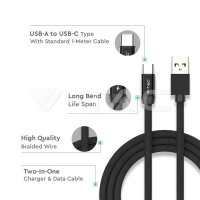 1M USB TYPE C 2.4A Cotton fabric cable, Ruby series, black color, VT-5341