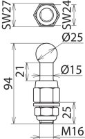 Kulový bod D 25 mm rovný se závitem a matkou s podložkou M16x26 mm DEHN 755626