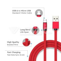 1M Micro USB 2.4A Cotton fabric cable, Ruby series, red color, VT-5342 SKU8497