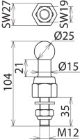 Kulový bod D 25 mm rovný se závitem a matkou s podložkou M12x35 mm DEHN 755627