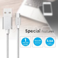 1M Micro USB Cable 2.4A Braided cable, Platinum series, silver color, VT-5332