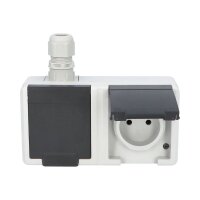 ATLAS 2K IP65 Zásuvka 2x 2P+PE, 2-nás vodorovná s vývodkou M20, na povrch, šedá